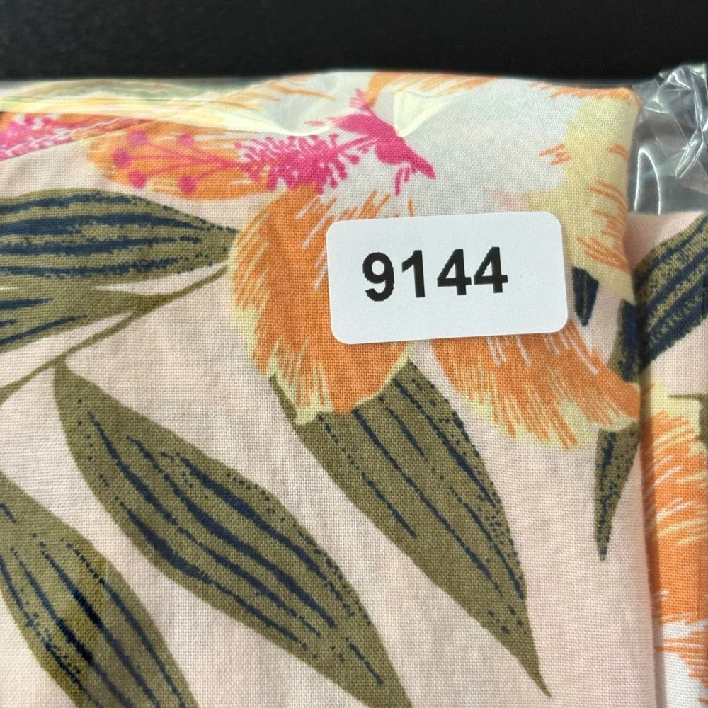 Lands' End Women Top L Peach Pink‎ Tropical Hibiscus Floral Short Sleeve Cotton